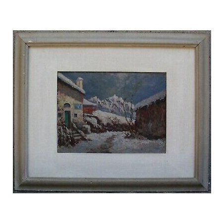 ANTICO QUADRO Benedetto Ghivarello 1929 PAESAGGIO BORGO MONTANO TORINESE NEVE 