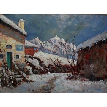 ANTICO QUADRO Benedetto Ghivarello 1929 PAESAGGIO BORGO MONTANO TORINESE NEVE 