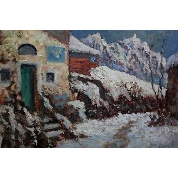 ANTICO QUADRO Benedetto Ghivarello 1929 PAESAGGIO BORGO MONTANO TORINESE NEVE 