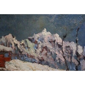 ANTICO QUADRO Benedetto Ghivarello 1929 PAESAGGIO BORGO MONTANO TORINESE NEVE 