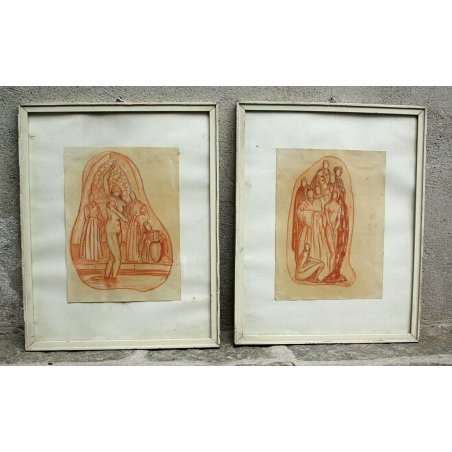 COPPIA QUADRI DISEGNI PREPARATORI SANGUIGNA NUDO FIGURA DONNA ANNI 30/40 EPOCA 