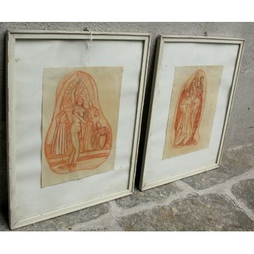 COPPIA QUADRI DISEGNI PREPARATORI SANGUIGNA NUDO FIGURA DONNA ANNI 30/40 EPOCA 