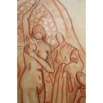 COPPIA QUADRI DISEGNI PREPARATORI SANGUIGNA NUDO FIGURA DONNA ANNI 30/40 EPOCA 