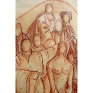 COPPIA QUADRI DISEGNI PREPARATORI SANGUIGNA NUDO FIGURA DONNA ANNI 30/40 EPOCA 