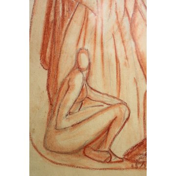 COPPIA QUADRI DISEGNI PREPARATORI SANGUIGNA NUDO FIGURA DONNA ANNI 30/40 EPOCA 