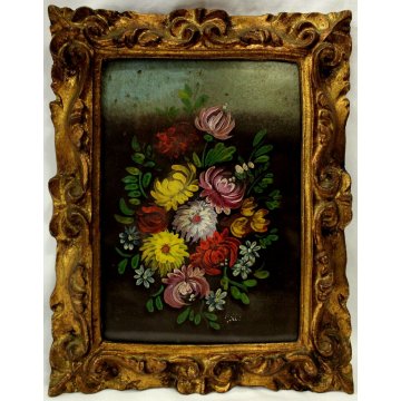 ANTICO PICCOLO QUADRO DIPINTO OLIO TAVOLA FIORI NATURA MORTA CORNICE ORO '900