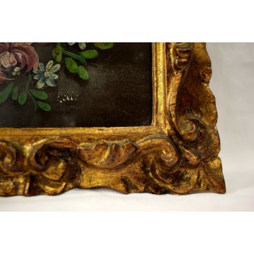 ANTICO PICCOLO QUADRO DIPINTO OLIO TAVOLA FIORI NATURA MORTA CORNICE ORO '900