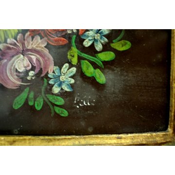 ANTICO PICCOLO QUADRO DIPINTO OLIO TAVOLA FIORI NATURA MORTA CORNICE ORO '900