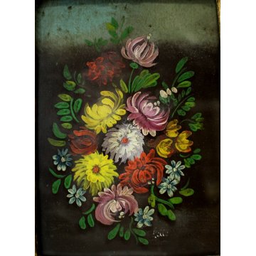ANTICO PICCOLO QUADRO DIPINTO OLIO TAVOLA FIORI NATURA MORTA CORNICE ORO '900