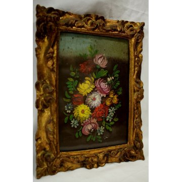 ANTICO PICCOLO QUADRO DIPINTO OLIO TAVOLA FIORI NATURA MORTA CORNICE ORO '900