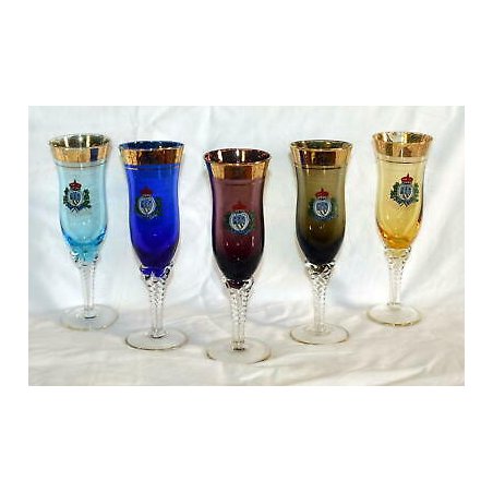 SET 5 BICCHIERI COLORATI FLUTE CHAMPAGNE Libertas San Marino VINTAGE VETRO ORO 