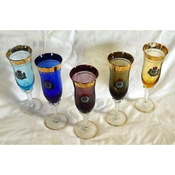 SET 5 BICCHIERI COLORATI FLUTE CHAMPAGNE Libertas San Marino VINTAGE VETRO ORO 