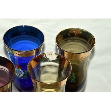 SET 5 BICCHIERI COLORATI FLUTE CHAMPAGNE Libertas San Marino VINTAGE VETRO ORO 