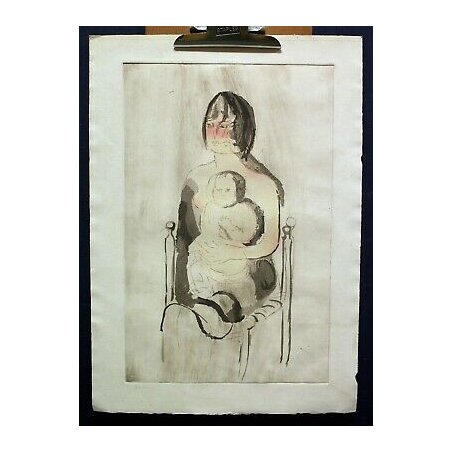 SERIGRAFIA ACQUERELLATA LITOGRAFIA ARTE DISEGNO EPOCA MADRE BIMBO MATERNITA