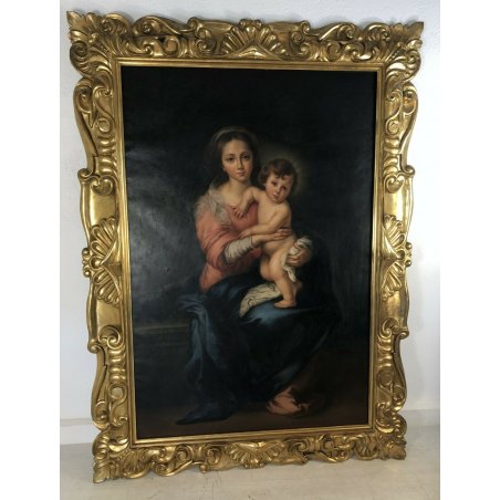 ANTICO QUADRO MURILLO DIPINTO OLIO TELA CORNICE IMPONENTE EPOCA DONNA BAMBINO
