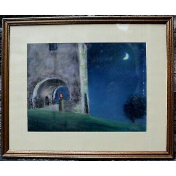 PICCOLO QUADRO PASTELLO Novelli 1900 CHIARO di LUNA PAESAGGIO NOTTURNO PORTICO