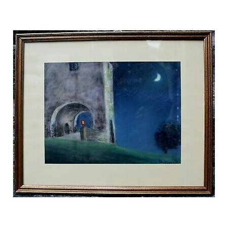 PICCOLO QUADRO PASTELLO Novelli 1900 CHIARO di LUNA PAESAGGIO NOTTURNO PORTICO