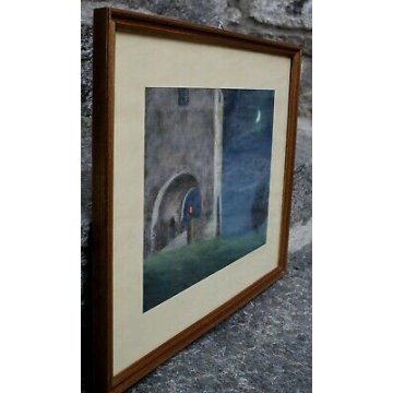 PICCOLO QUADRO PASTELLO Novelli 1900 CHIARO di LUNA PAESAGGIO NOTTURNO PORTICO