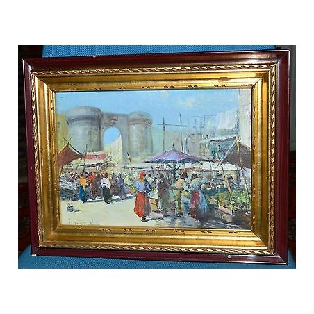 ANTICO QUADRO DIPINTO Scognamiglio EPOCA 900 olio tela PAESAGGIO MERCATO cornice