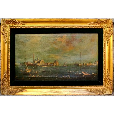 ANTICO QUADRO OLEOGRAFIA STAMPA VEDUTA MARINA VENEZIA CHIESA SAN GIORGIO BARCHE