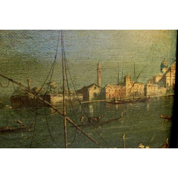 ANTICO QUADRO OLEOGRAFIA STAMPA VEDUTA MARINA VENEZIA CHIESA SAN GIORGIO BARCHE