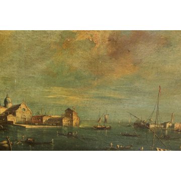 ANTICO QUADRO OLEOGRAFIA STAMPA VEDUTA MARINA VENEZIA CHIESA SAN GIORGIO BARCHE