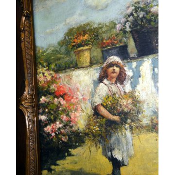 ANTICA COPIA QUADRO DIPINTO RAGAZZA FIORI PRIMAVERA IROLLI VINCENZO OLIO CARTONE