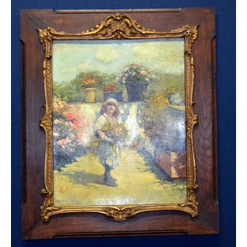 ANTICA COPIA QUADRO DIPINTO RAGAZZA FIORI PRIMAVERA IROLLI VINCENZO OLIO CARTONE