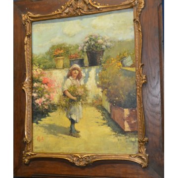 ANTICA COPIA QUADRO DIPINTO RAGAZZA FIORI PRIMAVERA IROLLI VINCENZO OLIO CARTONE