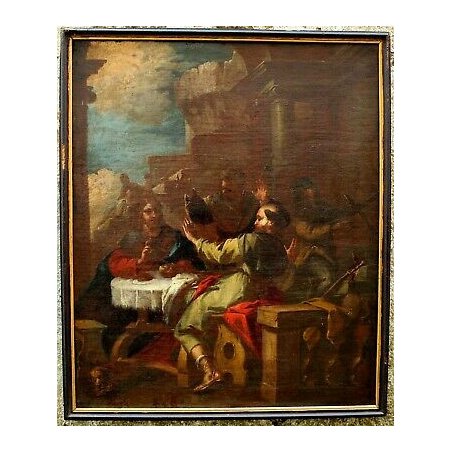 ANTICO QUADRO DIPINTO OLIO TELA "Cena di  Emmaus" Gesù 1700 RELIGIOSO 71x59 cm  