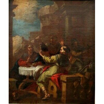 ANTICO QUADRO DIPINTO OLIO TELA "Cena di  Emmaus" Gesù 1700 RELIGIOSO 71x59 cm  