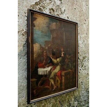 ANTICO QUADRO DIPINTO OLIO TELA "Cena di  Emmaus" Gesù 1700 RELIGIOSO 71x59 cm  