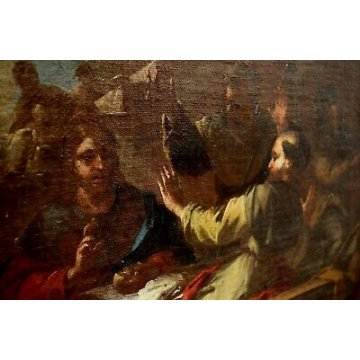 ANTICO QUADRO DIPINTO OLIO TELA "Cena di  Emmaus" Gesù 1700 RELIGIOSO 71x59 cm  