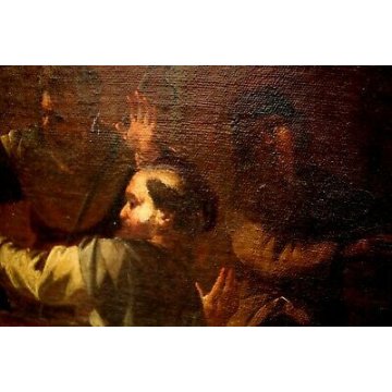 ANTICO QUADRO DIPINTO OLIO TELA "Cena di  Emmaus" Gesù 1700 RELIGIOSO 71x59 cm  