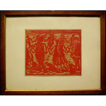 PICCOLO QUADRO DISEGNO SANGUIGNA F. Vellan GIROTONDO DANZA COSTUME TRADIZIONALE