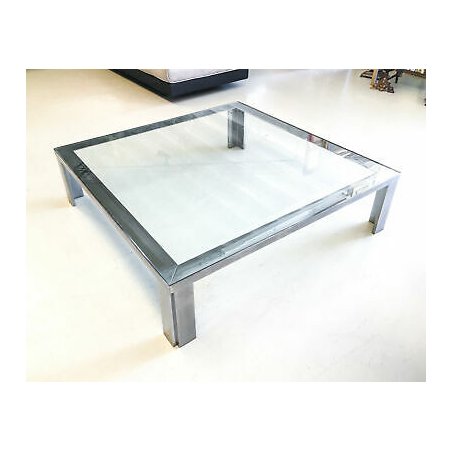 GRANDE TAVOLO DA SALOTTO DESIGN METALLO CROMATO VETRO VINTAGE DA FUMO EPOCA 1980