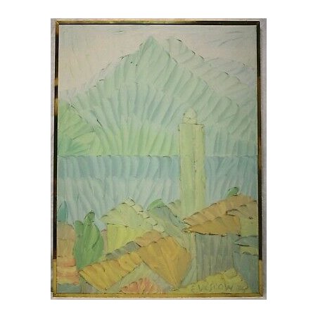 QUADRO DIPINTO OLIO TELA Enzo Vescovi ASTRATTO EPOCA ARTE PAESAGGIO LAGO DESIGN 