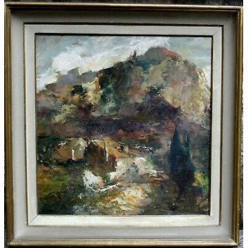 ANTICO QUADRO DIPINTO OLIO TAVOLA SPATOLA PAESAGGIO MONTANO '900  BAITA LAGO ART