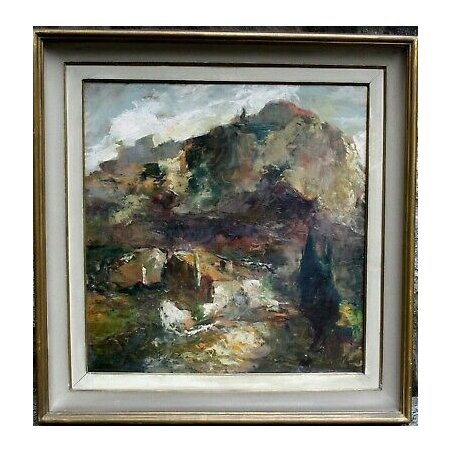 ANTICO QUADRO DIPINTO OLIO TAVOLA SPATOLA PAESAGGIO MONTANO '900  BAITA LAGO ART