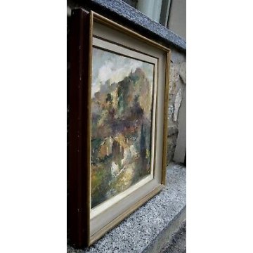 ANTICO QUADRO DIPINTO OLIO TAVOLA SPATOLA PAESAGGIO MONTANO '900  BAITA LAGO ART