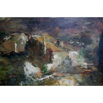 ANTICO QUADRO DIPINTO OLIO TAVOLA SPATOLA PAESAGGIO MONTANO '900  BAITA LAGO ART