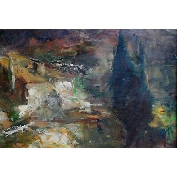 ANTICO QUADRO DIPINTO OLIO TAVOLA SPATOLA PAESAGGIO MONTANO '900  BAITA LAGO ART