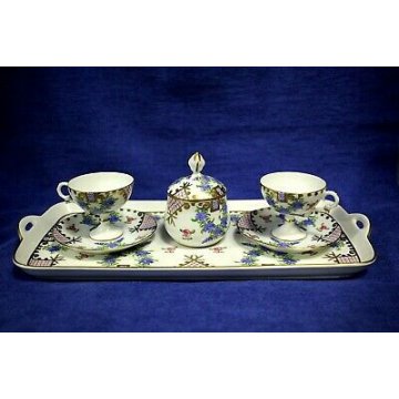 ANTICO set CAFFE' TETE A TETE Limoges FRANCE CERAMICA PORCELAIN DECORO FIORI ORO