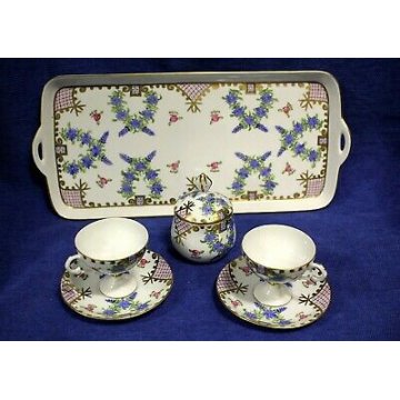 ANTICO set CAFFE' TETE A TETE Limoges FRANCE CERAMICA PORCELAIN DECORO FIORI ORO