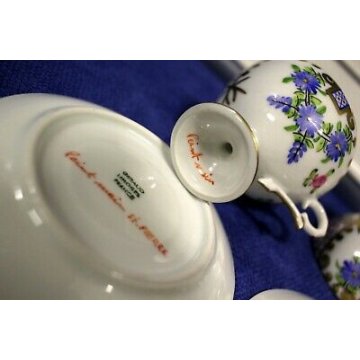 ANTICO set CAFFE' TETE A TETE Limoges FRANCE CERAMICA PORCELAIN DECORO FIORI ORO