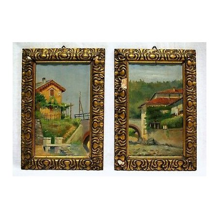 ANTICHI QUADRI OLIO CARTONE Comaschi Paesaggi FIUME PONTE FERROVIA 1929 VIA CASE