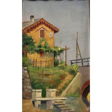 ANTICHI QUADRI OLIO CARTONE Comaschi Paesaggi FIUME PONTE FERROVIA 1929 VIA CASE