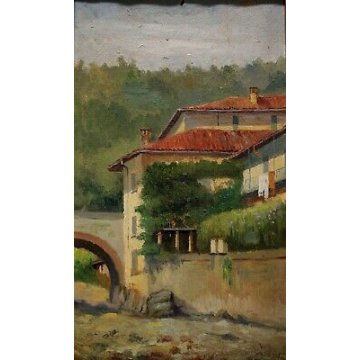 ANTICHI QUADRI OLIO CARTONE Comaschi Paesaggi FIUME PONTE FERROVIA 1929 VIA CASE