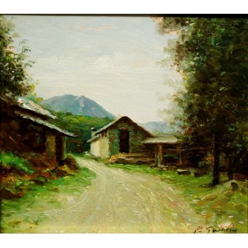 QUADRO DIPINTO OLIO TAVOLA PAESAGGIO di MONTAGNA ALPI BAITA RIFUGIO STRADA 1969