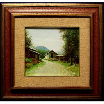 QUADRO DIPINTO OLIO TAVOLA PAESAGGIO di MONTAGNA ALPI BAITA RIFUGIO STRADA 1969